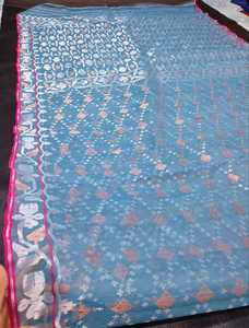 Exclusif Deshi Dhakai Jamdani Sharee Qualité d'exportation pour les femmes JAMDANI FABRIC Bleu ROUGE VERT Doré Bleu Ciel du Bangladesh - Product Image 3