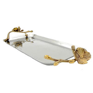Top Trending Hammered Stainless Steel with <b>Golden</b> Vine Handles Metal Tray for <b>Wedding</b> <b>Anniversary</b> Centerpiece - Product Image 1