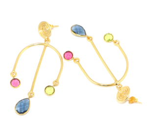 Boucles d'oreilles pendantes en laiton plaqué or 22 carats, style tendance, motif à carreaux, quartz hydro, design filaire, pour femmes, vente en gros - Product Image 3