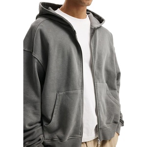 Sweat à capuche en coton lavé uni lourd à fermeture éclair ample pour hommes, streetwear pour hommes, vente en gros, logo personnalisé sur mesure OEM - Product Image 2