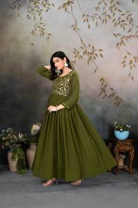 Mehndi Colour Design Faux Georgette Embroidery Evening <b>Night</b> Party Special V Neck Long Length Fancy Kurti Set At Wholesale - Product Image 2