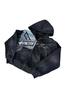 Sweat à capuche coupe oversize en coton épais coupe-vent pour homme avec impression silicone unie, broderie personnalisée et strass, et pantalon de survêtement zippé - Product Image 4
