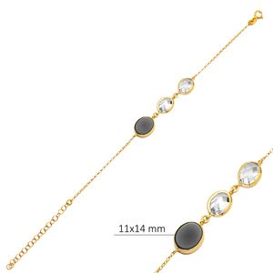 Oval Shape Black Quartz Stone and CZ 22K Gold Bezel Silver Bracelet Handmade 925 Sterling Silver for Woman Jewelry - Product Image 2