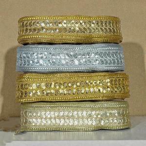 Bordure en dentelle brodée de paillettes fantaisie écologique de luxe, design de bordure métallique, vêtements de couture nuptiale, vêtements ethniques, décoration - Product Image 3