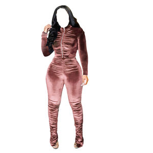<b>Women's</b> Plus Size Eco-Friendly Slim Fit Casual <b>Velvet</b> <b>Jumpsuit</b> 2-Piece Zip-Up Hoodie Jacket & Stacked Pants Custom Bodycon Set - Product Image 2