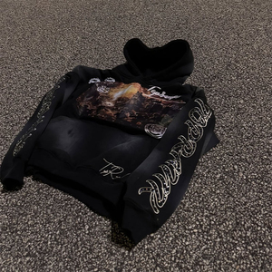 OEM personnalisé à la mode partout impression numérique brodé strass pull à capuche hommes lavage à l'acide capuche - Product Image 1