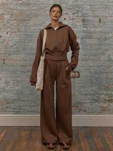 Survêtement d'hiver pour femmes grande taille, respirant, décontracté, uni, en coton éponge, à jambes larges, à capuche, pantalon de jogging surdimensionné - Product Image 5