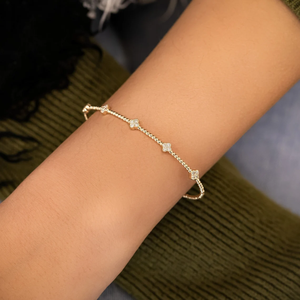 Gold Beaded Floral Clover <b>Bracelet</b> with Real Lab Diamond & Color Natural Gemstone Adjustable <b>Bracelet</b> for Women in 14K Pure Gold - Product Image 1