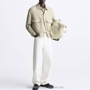 Chaqueta de cuero cortavientos negra lisa en blanco con Cuello de camisa personalizada para hombre - Product Image 2