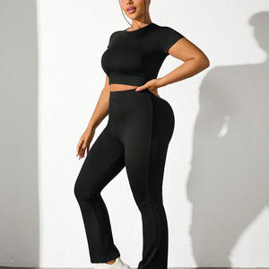 Conjunto de ropa deportiva de gimnasio de alta elasticidad personalizada para mujer, camiseta transpirable de manga corta, mallas, tela de costilla sólida, botón de encaje para correr - Product Image 2