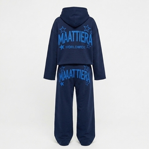 Conjunto Deportivo de Dos Piezas para Mujer, Sudadera con Capucha de Felpa Azul Marino, Pantalones Anchos con Estampado Gráfico, Ropa Casual de Calle - Product Image 4
