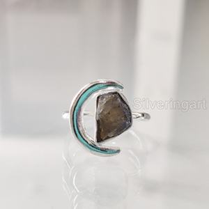 Anillo de Piedra Natural para Mujer, Labradorita Natural, Forma de Luna Creciente, Ajustable, Joyería Navideña, Anillo de Plata de Ley 925 - Product Image 1