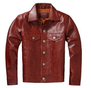 Real Top Grade Leather Jacket Men Genuine New Wine <b>Red</b> Oil Wax Cowhide Short Motorcycle Leather Jackets for Men Slim Coats - Product Image 1