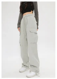 Pantalones Cargo Grises para Mujer, 100% Algodón, Corte Holgado, Cintura Media, Cordón Elástico, Largos, Estilo Casual, Color Sólido - Product Image 4