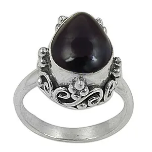 Bague en argent 925 plaqué rhodium fin avec pierre d'onyx noir de 10 mm pour femmes - Product Image 3
