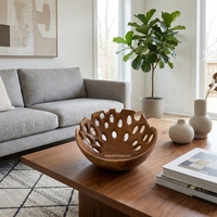Bol de service décoratif moderne en teck sculpté à la main, écologique et personnalisable, pour fruits, collations et décoration de table