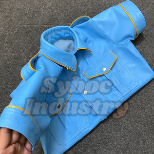 Uniforme en cuir pour homme Chemise en cuir de grande taille pour adulte en cuir d'agneau bleu élégant fait main écologique personnalisé - Product Image 3