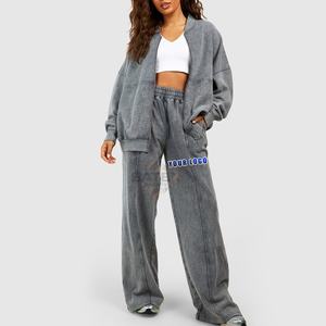 Conjunto Deportivo de Invierno Personalizado con Lavado Ácido para Mujer, Ropa Deportiva Informal de 2 Piezas, Pantalones Jogger Holgados con Cordón, 100% Algodón - Product Image 1