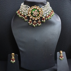 Gargantilla floral verde Kundan Meenakari con pendientes chapados en oro Conjunto de joyería fina con perla Diamante para regalo Hecho Cobre Latón - Product Image 2