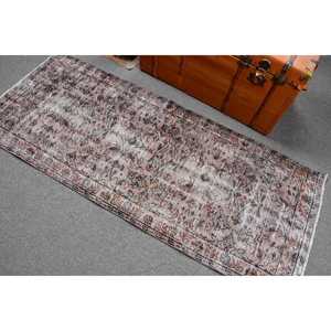 Vintage Rug 2.7x6.5 ft, <b>Brown</b> Gray Check <b>Wool</b> Turkish Rug - Product Image 4