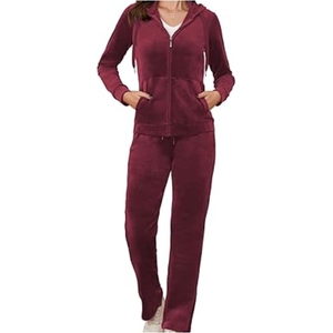 2026 Women Clothing Custom Premium Hooded Rhinestone Regular Fit Two Piece <b>Velour</b> Drawstring Tracksuit Set Plus Size - Product Image 1