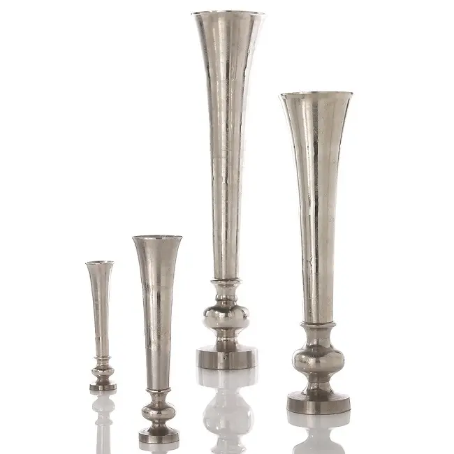 Nickel Plated Metal Floor Vaso Casa Decorativa Prata Trompete Vaso Arranjo Pot Conjunto de 4 Casamento Flor Display Metal Vaso