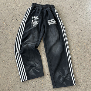 Personalizado de los hombres heavyweigth400 + GSM pantalones de chándal lavado ácido frente impresión suelta recto lado rayado cordón cintura pierna ancha Casual - Product Image 1