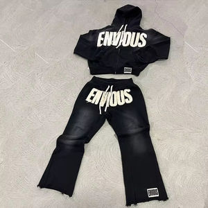 Ensemble de survêtements épais deux pièces pour hommes personnalisés par OEM ensembles de pantalons de survêtement avec broderie et sweat à capuche strass délavé à l'acide - Product Image 5