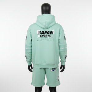 Conjunto de sudadera con capucha y pantalones cortos para hombre, premium, 320 GSM, algodón y poliéster, color verde menta, con logo personalizado impreso. - Product Image 2