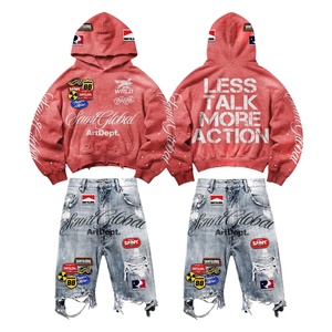 2026 Wholesale <b>Top</b> Quality Custom Oversized Graphic Hoodie & <b>Distressed</b> Denim Shorts Set For Men - Product Image 1