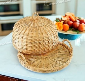 Classic Style Indian Hand Engraved Vintage Style Round Bamboo Board with Wicker Lid <b>Dome</b> <b>Cake</b> Cover for Home and <b>Cake</b> Decor - Product Image 3