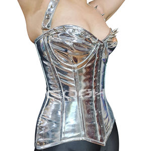 Corset en PVC argenté robuste avec baleines en acier, à clous sur les bretelles, pour tenue gothique punk, vente en gros, fournisseur - Product Image 4