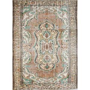 Tapis en laine noué à la main beige-brun vintage pour la maison - Idéal pour salon, couloir, entrée, chambre d'adolescent - Motif médaillon rectangulaire en puzzle - Product Image 1