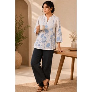 Haut en soie brodé beige pour femme Nayantara Shireen, col asymétrique, tenue de bureau, taille XL - Product Image 4