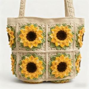 Sac à bandoulière en PU fait main au crochet motif tournesol, fermeture éclair, deux anses, doublure en polyester, broderie tendance Acki - Product Image 2