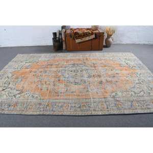 Tapis turc vintage, tapis de 6,5 x 10,1 pieds, tapis en laine orange et bleu style sud-ouest - Product Image 3