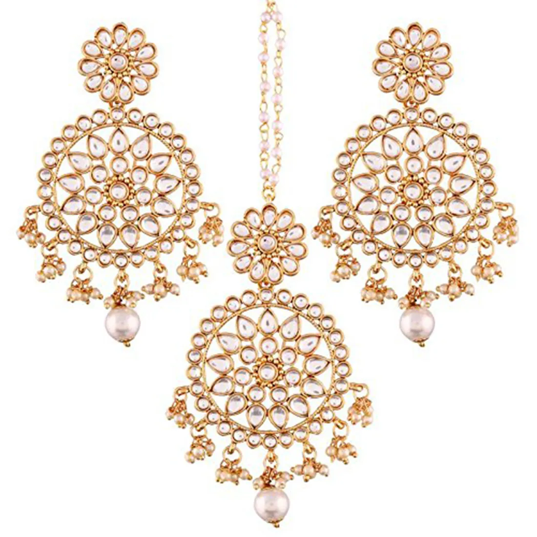 Aheli Ethnic Kundan Drop Pearl Beads Dangle Earrings Maang Tikka Set Trendy & Fashion Jewelry for Women & Girls