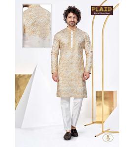 Kurta en soie douce brodée pour hommes d'inspiration designer avec des détails artisanaux élégants - Product Image 1