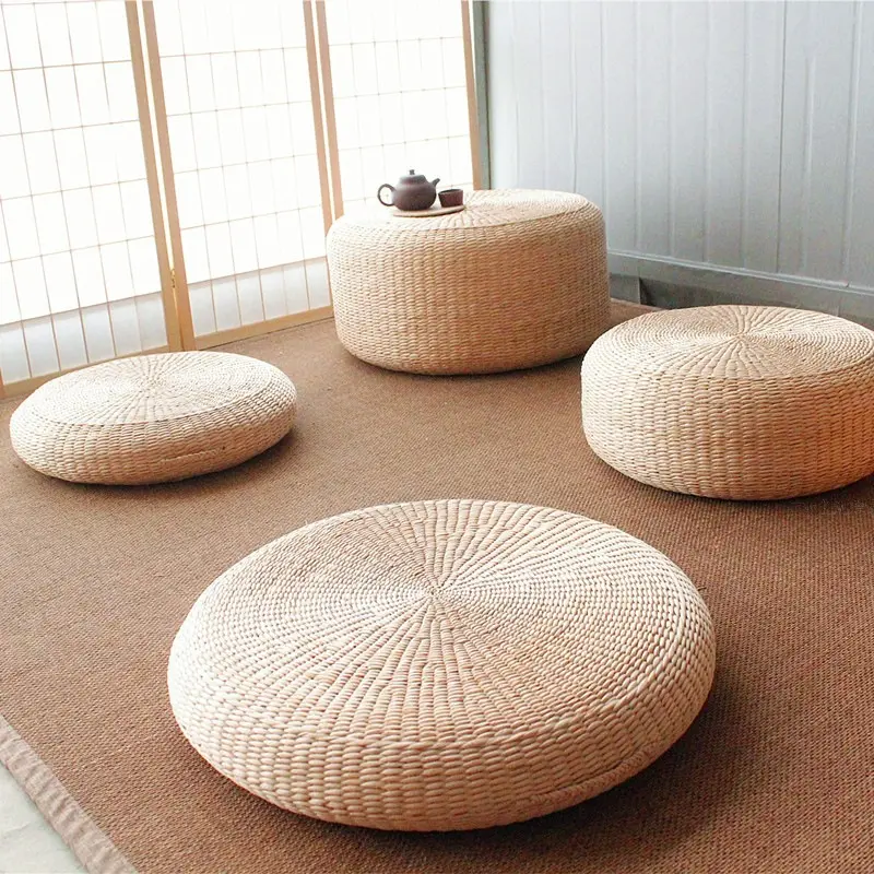 Dekorasi rumah anyaman tangan grosir bantal kursi lantai meditasi lamun pedesaan jerami kepang