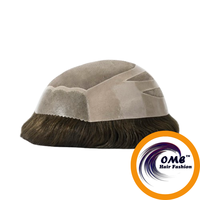 OME HS27 Prothèse capillaire en cheveux Remy indiens de haute qualité, monofilament noir, avec dentelle brun clair et côtés recouverts de PU, densité 100%, nœuds blanchis