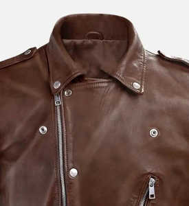 Chaqueta de cuero de motorista marrón para hombre con cierre de cremallera Estilo casual de invierno Acabado - Product Image 2