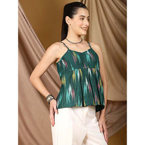 Haut à bretelles vert émeraude Boho avec imprimés Ikat plissés Detailing Flirty Peplum Hem Summer Breathable - Product Image 2
