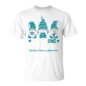 T-shirt Gnome One Fights Alone con nastro verde acqua, abbigliamento promozionale per la sensibilizzazione sul cancro cervicale - Product Image 1