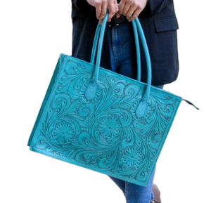 Bolso de Hombro de Cuero Genuino Estilo Bohemio Turquesa para Mujer, Diseño Occidental Azteca con Flecos y Cierre de Cremallera - Product Image 5