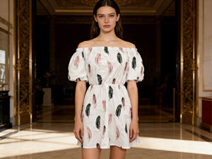 Customization2026 Trendy <b>Feather</b> Print Puff Sleeve Dress Women Elegant A-Line Midi Dress with Casual/Commute for lady all size - Product Image 4