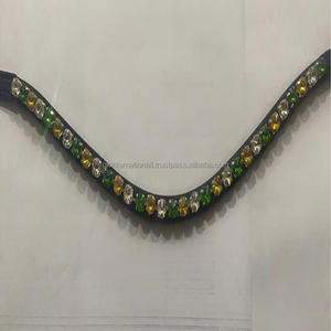 Bande de sourcils de cheval en cuir véritable 100% fait à la main, vague profonde personnalisée 1 rangée ronde cristaux clairs et cristaux verts, bande de sourcils bling - Product Image 5