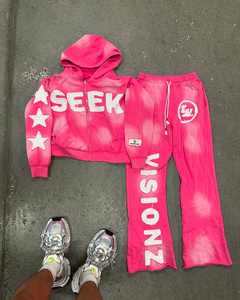 Custom Sweat Jogger Stacked Pants Set Chándales 2 Pc Sweatsuit Desgastado Bordado Sudadera con capucha y pantalones de chándal acampanados Conjuntos - Product Image 2