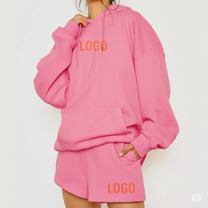 Ensemble sweat à capuche et short en molleton de coton lourd de haute qualité pour femmes survêtements solides tricot survêtement deux pièces - Product Image 4