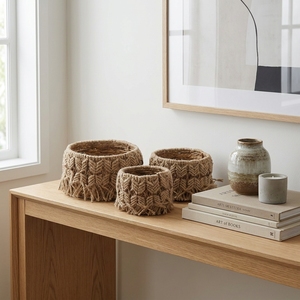 Natural Banana Bark Storage <b>Basket</b> Set Macrame Chevron Fringe Cylinder Shallow Pot Planter Boho Setup Room Decor Pure Art Craft - Product Image 6
