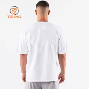 T-Shirt de luxe pour hommes 100% coton 220gsm surdimensionné Boxy Fit goutte épaule faux col rond léger respirant Jersey solide motif avant - Product Image 4
